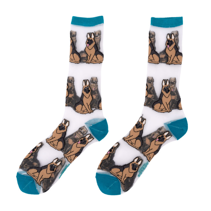 Chaussettes transparentes avec motifs Bergers Allemands de la marque Coucou Suzette.