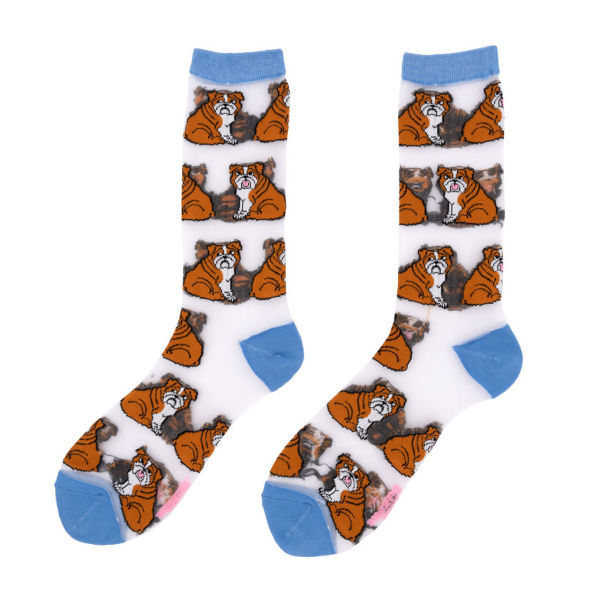 Chaussettes transparentes avec motifs Bouledogues anglais de la marque Coucou Suzette.