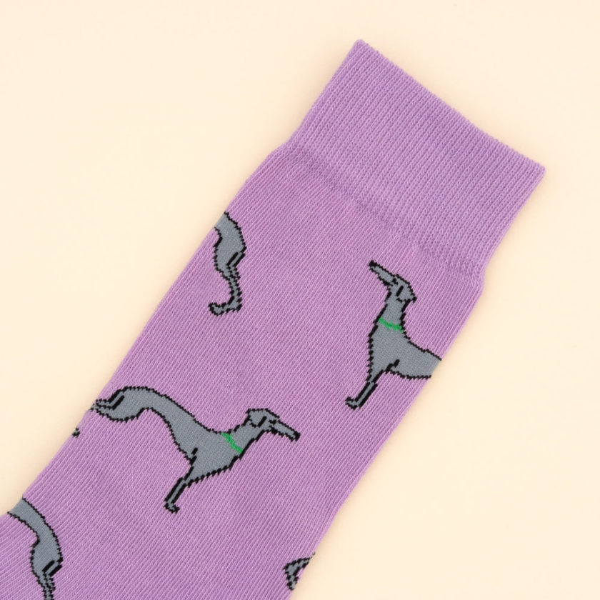 Chaussettes violettes avec motifs lévriers, de la marque Coucou Suzette.