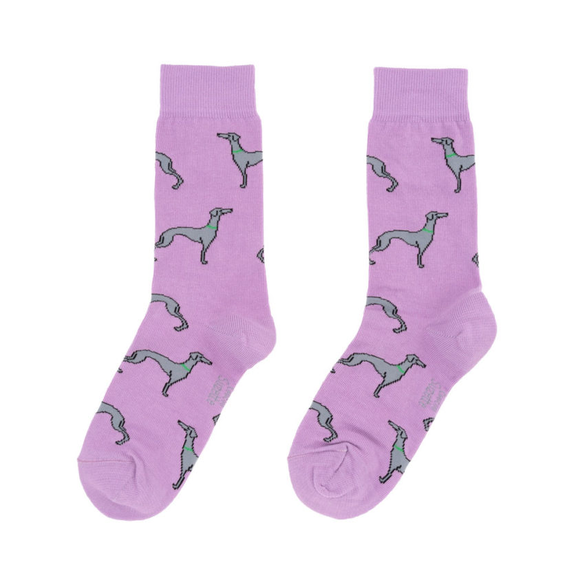 Chaussettes violettes avec motifs lévriers, de la marque Coucou Suzette.